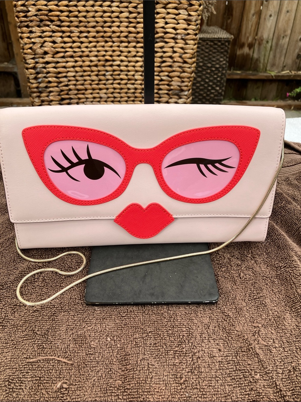 kate spade Rose Colored Glasses Frames Leather Clutch Lined White Red Pink NWOT
